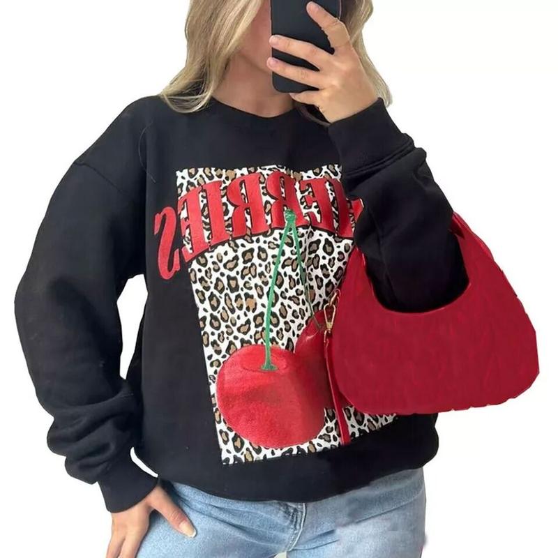 Ladies CHERRIES Slogan Cherry Leopard Print Pullover Baggy Sweatshirt Jumper 8-22 Womenswear Hoodie Sweaters  Women Long Sleeve Crewneck Tops 2