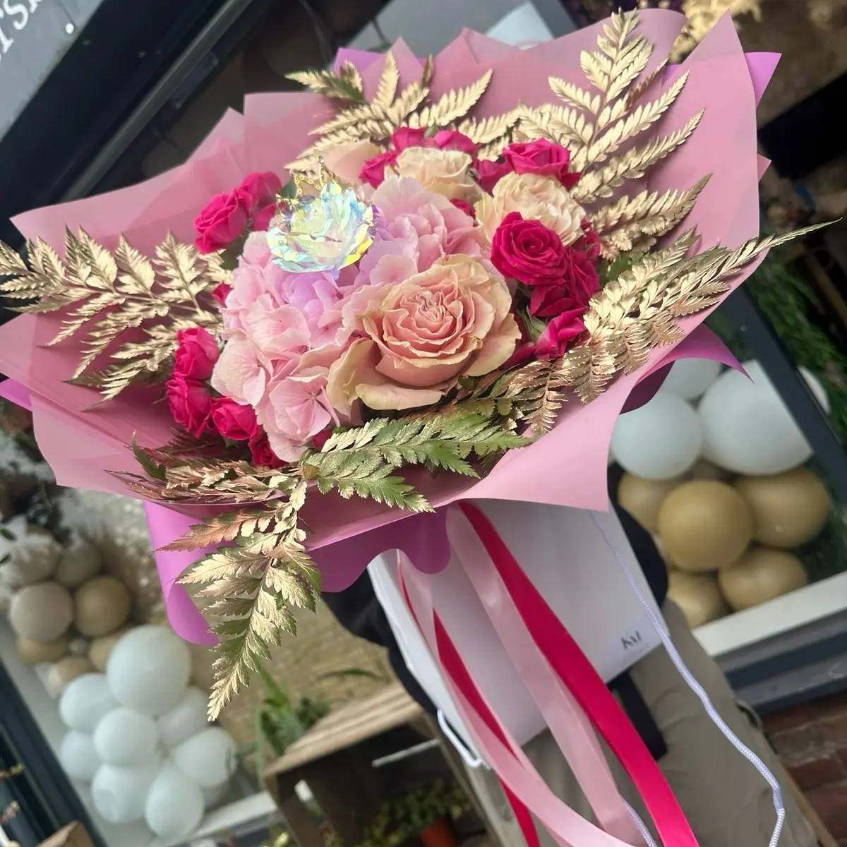 The Heidi Bouquet - Hydrangea, Soft Pink Roses, and Spray Roses with Gold Leaf Edge