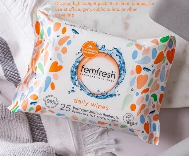 Femfresh Intimate Wipes - Flushable & Biodegradable Disposable Feminine Hygiene Cloths w. Calendula & Aloe Vera Extracts - Soothing, pH Balanced, Hypoallergenic, 25 Count (Pack of 1) Comfort 1