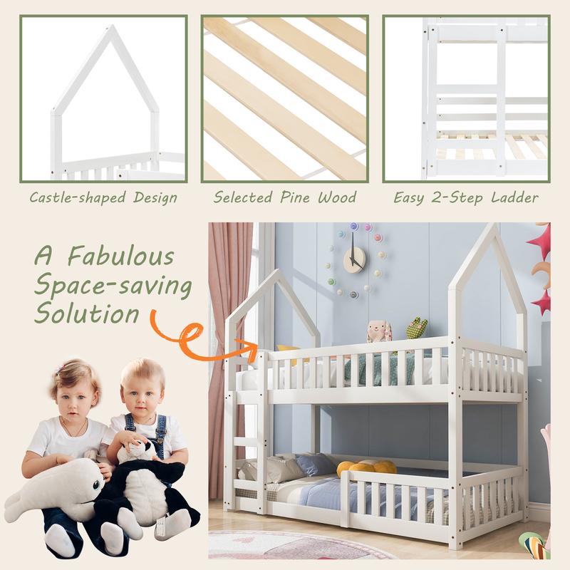 BTM Luxury UK New Bunk Bed Twin Sleeper Bed with Ladder, Solid Wood Frame 3FT Single bed, Gaming Bed, Castle-shaped Bed 90 x 190 cm Children's Bed room Furniture, Wooden Bed Frame for Kids Children 7