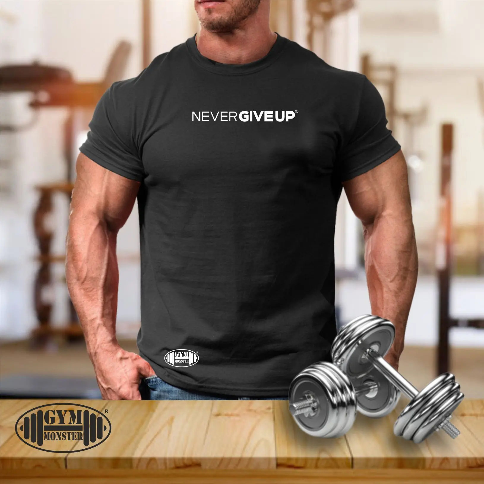 Never Give Up T Shirt Gym Monster Clothing Bodybuilding Weight Training Workout Exercise Fitness Kick Boxing MMA Beast Karate Athletic Gymwear Men Tee Top
