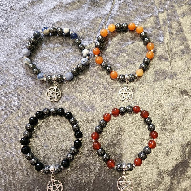 Crystal healing elasticated bracelet with Pentagram charm - Hematite and Orange Aventurine, Hematite and Obsidian, Hematite and Sodalite, Hematite and Carnelian 0