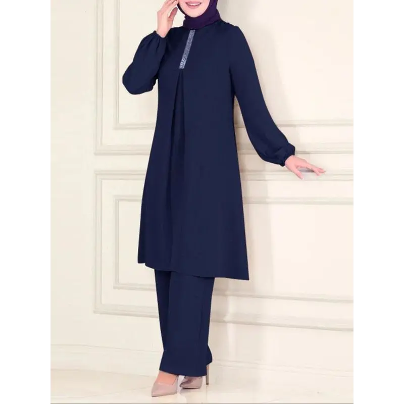 Women's Plain Contrast Sequin Bishop Sleeve Round Neck Top & Wide Leg Pants Islamic Set, Casual Long Sleeve Top & Trousers for Daily Wear, Ladies Islamic Clothing for All Seasons,abaya for women 2