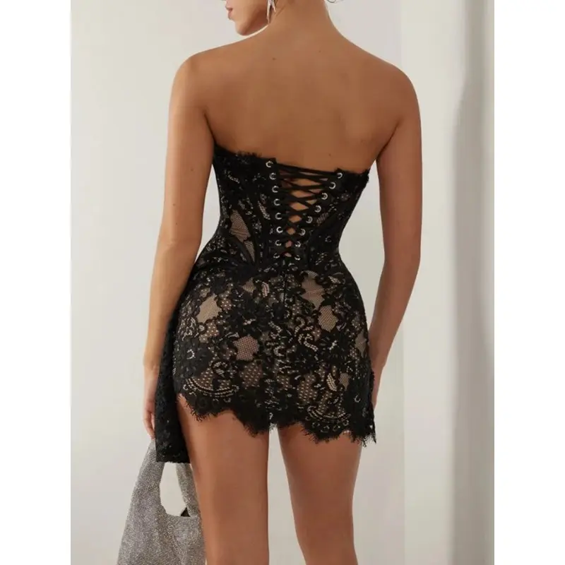 Sexy Lace See-through Patchwork Corset Dress Female Elegant Party MIrrgualr Mini Dress Women Tube Top Dress New 3