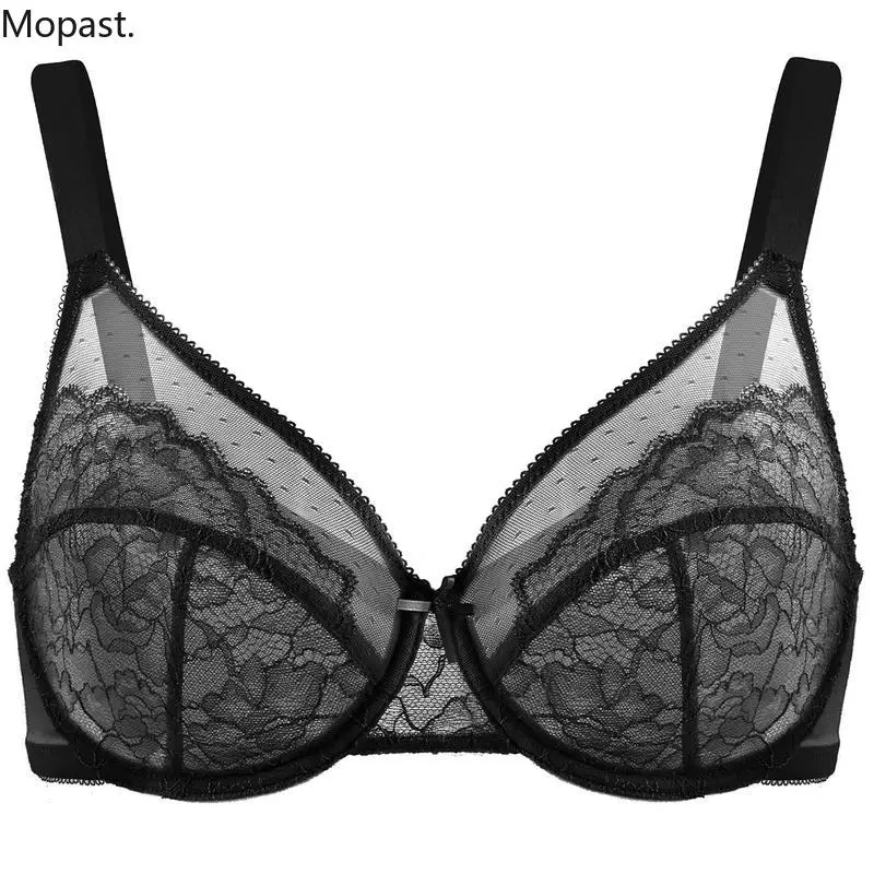 Enchante Floral Lace Unlined Breathable Mesh Comfort Non-padded Full Coverage Plus Size Adjustable Straps Underwire Minimizer Bra Women Minimalist Basic Underwear Womenswear