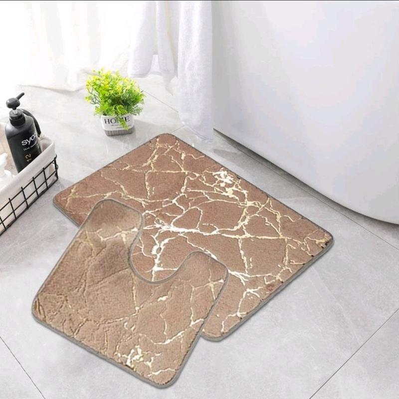 STUNNING LUXURY NON SLIP WATER RESISTANT 2 PIECE MARBLE EFFECT BATH MAT SET 50×80cm mat and toilet cover 5