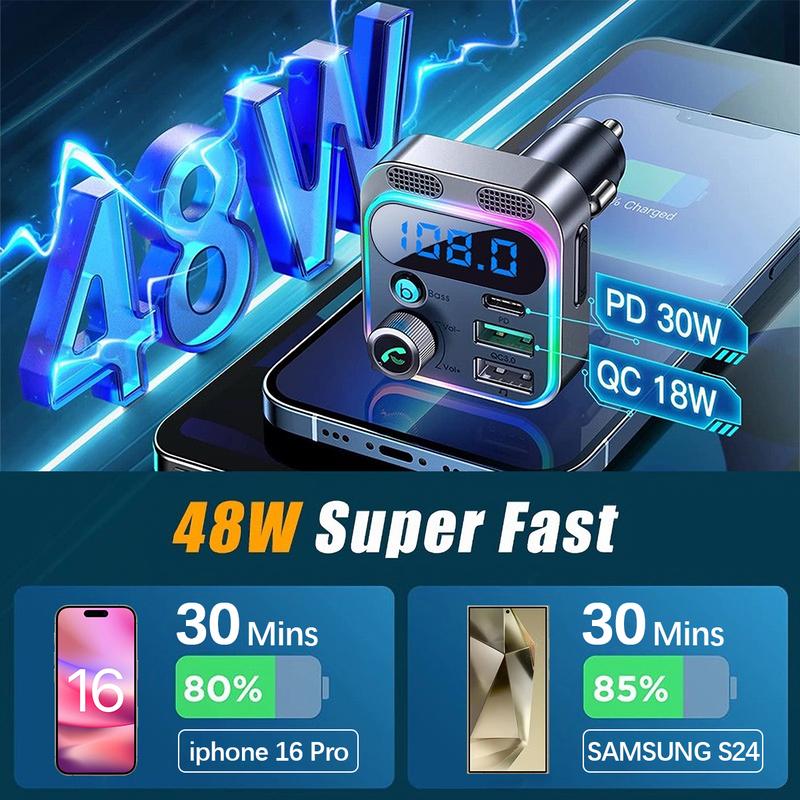 FM Transmitter for Car,Bluetooth 5.3 [Stronger Dual Mics & HiFi Deep Bass Sound] , 48W PD&QC3.0 Bluetooth Car Adapter, Hands-Free Calling, Larger LED, AUX Output & U Disk 4