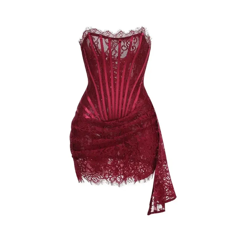 Sexy Lace See-through Patchwork Corset Dress Female Elegant Party MIrrgualr Mini Dress Women Tube Top Dress New 6