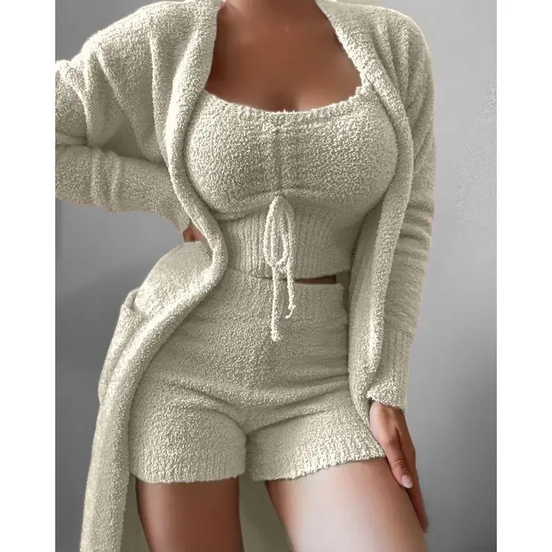 2025 New Women's Clothing stuffed Three-piece Tie Pajamas Set plaid Casual Suit Home Service 4