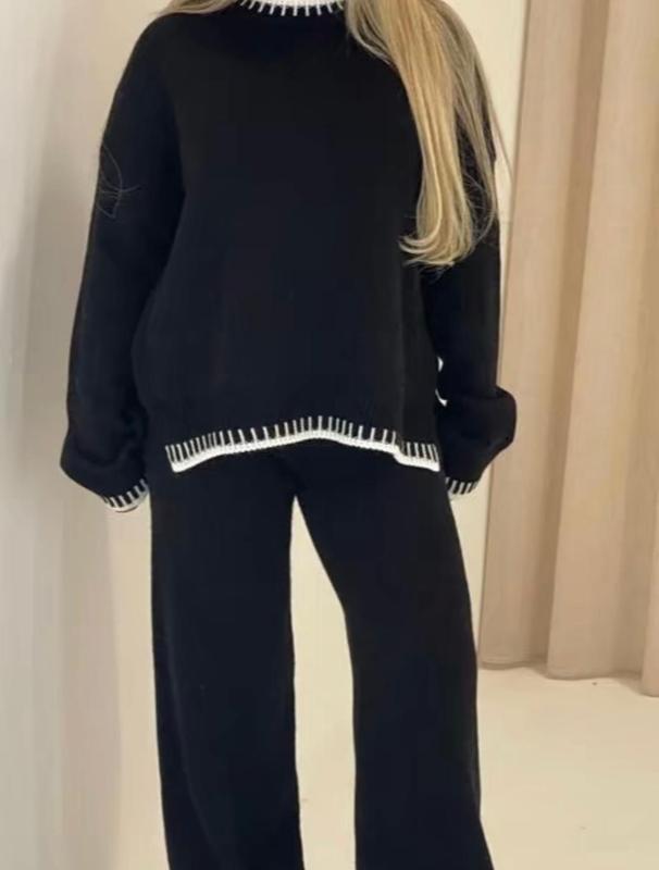 women's knitted lounge wear ladies wide leg palazzo top trouser tracksuit 3