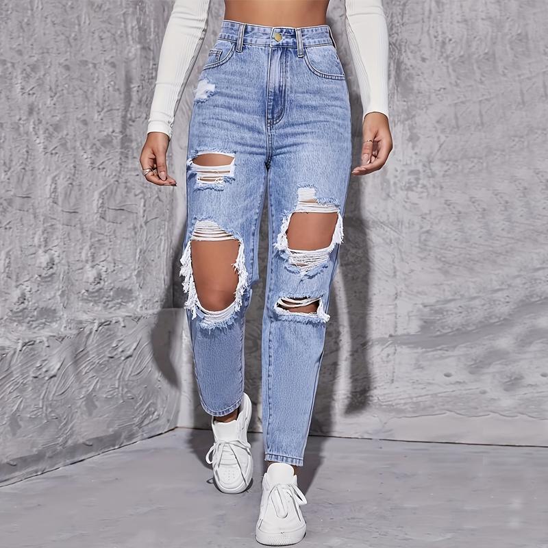 American Retro Hole-punched Jeans Women High Waist Straight-crotch Loose Slim Design High-street Vibe Wide-legged Dragging Pants 0