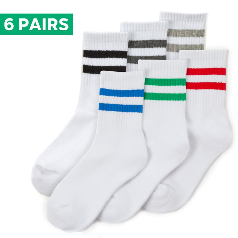 6 Pairs Kids Boys Cotton Rich Sport Crew Ankle Football Socks Ribbed White with Stripe Leisure Mid Calf Socks UK 9-12 Child 12.5-3.5 4-6 Junior Youths PE Socks School Active Football Socks 1