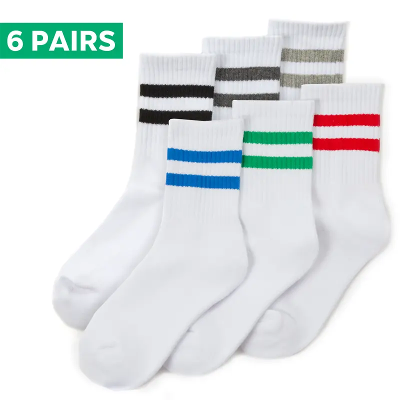 6 Pairs Kids Boys Cotton Rich Sport Crew Ankle Football Socks Ribbed White with Stripe Leisure Mid Calf Socks UK 9-12 Child 12.5-3.5 4-6 Junior Youths PE Socks School Active Football Socks 1