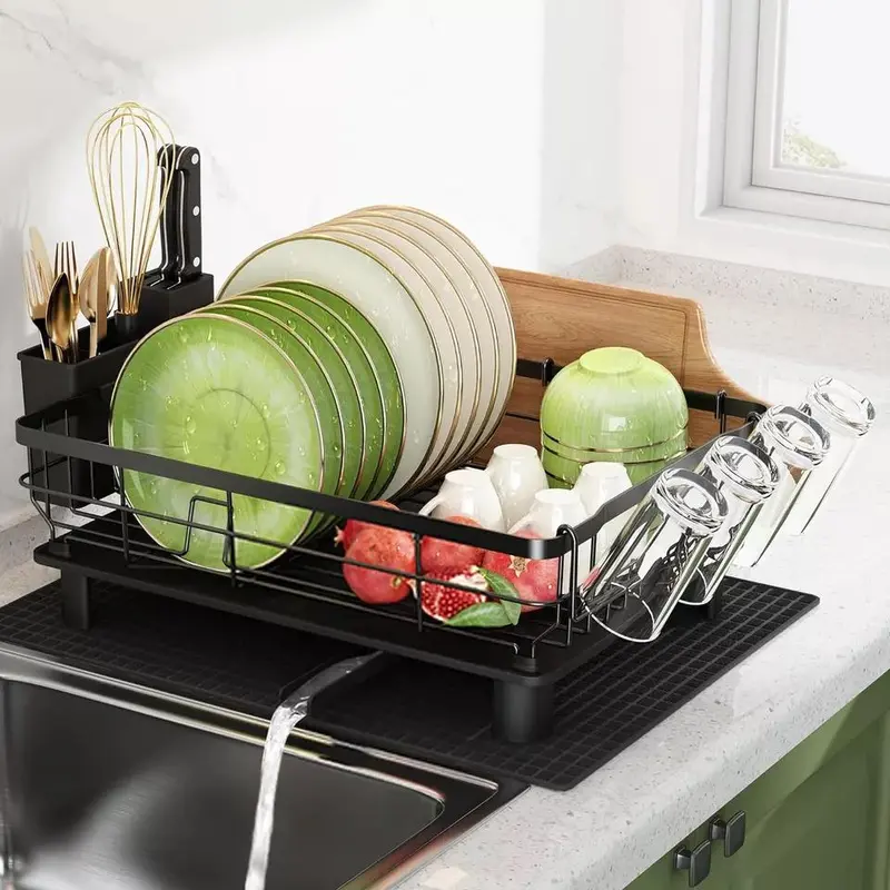 Dish Drainer Kitchen Sink Cutlery Draining Holder Plate Rack with 360°Drip Tray Organiser 1