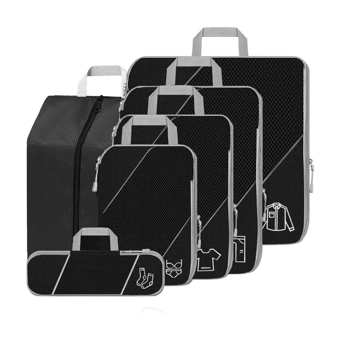6 PCS Compression Packing Cubes for Luggage and Backpack, Black Travel Cubes Organiser Bags Set