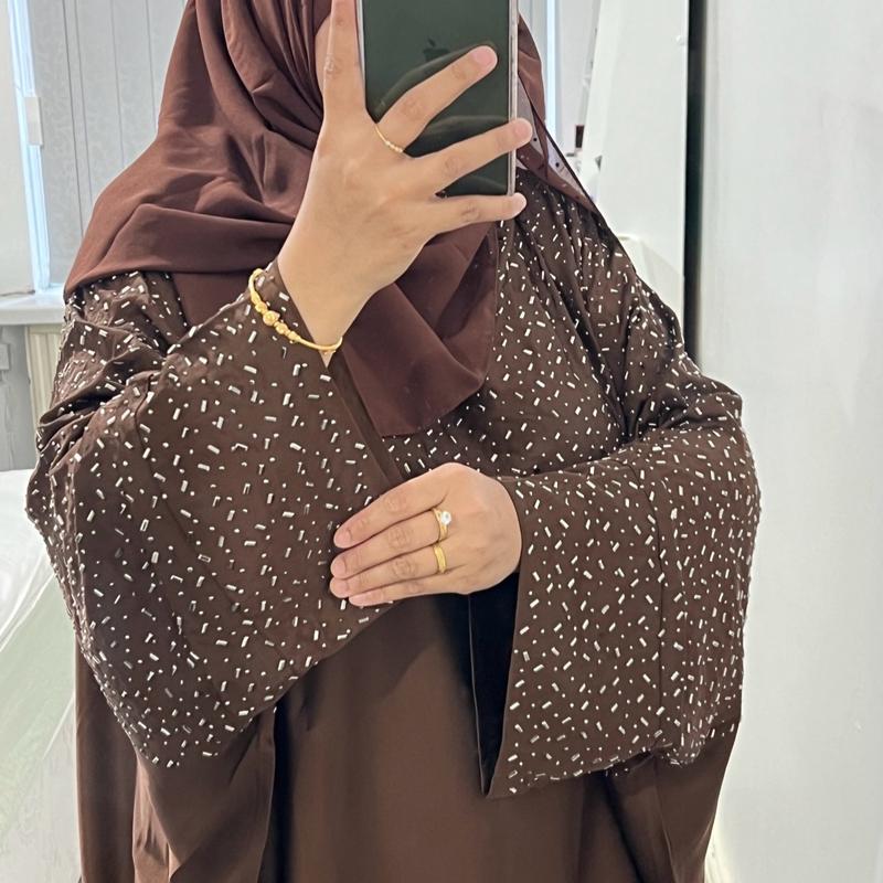Halima Butterfly Satin Kaftan Abaya with attached Belt inside and matching hijab 6