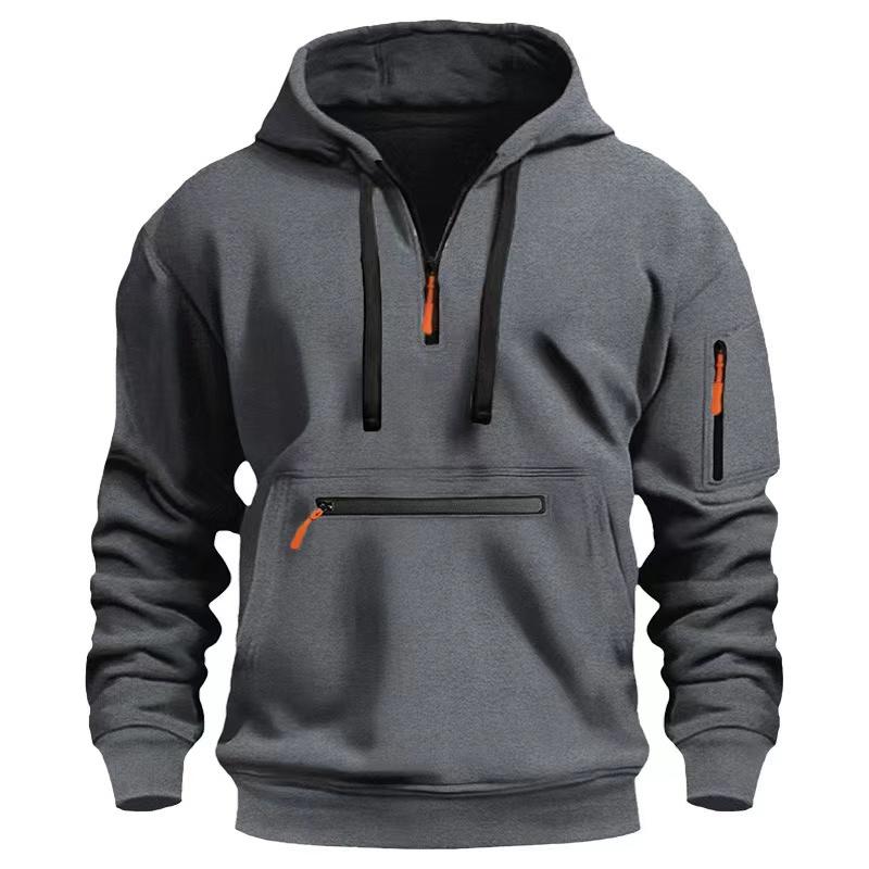 Men's Solid ColorHalf-Zip Design Long Sleeve Casual Hooded Sweatshirt With Kangaroo Pocket For Fall/Winter Casual Daily Wear 8