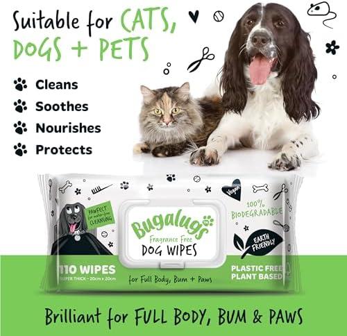 100% Plastic Free Biodegradable Dog Wipes - Full Body, Eye, Ear, Bum & Paws - 110 Count (Fragrance Free) for Sensitive Dog & Cat Grooming 1