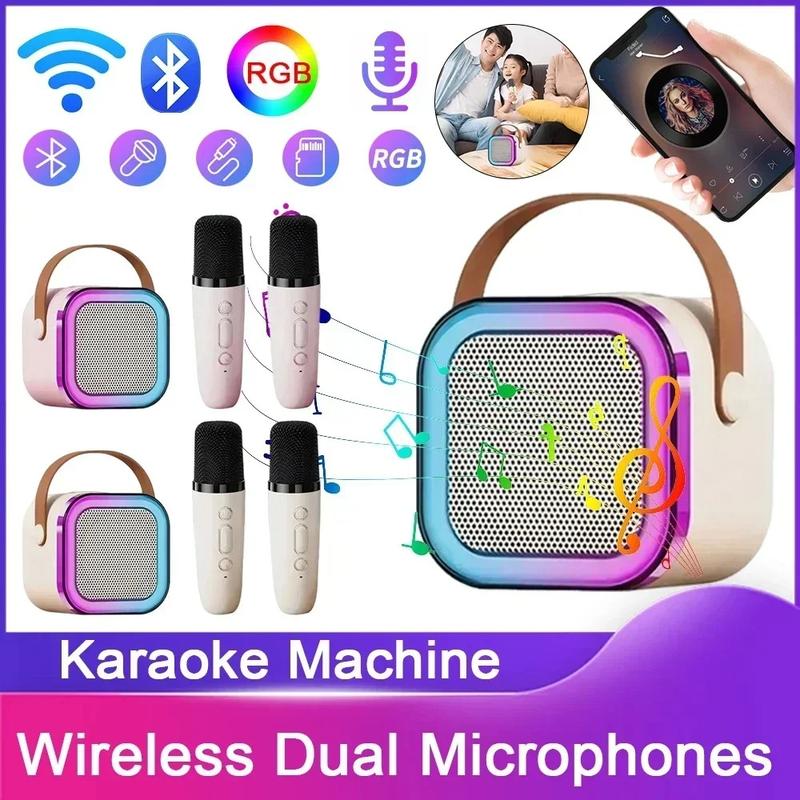 Portable Mini Bluetooth Wireless Karaoke Speaker with 2 Wireless Microphone Set ,Rechargeable HiFi Stereo Sound KTV Speaker, Mp3 Audio Adjustable RGB Colorful LED Light ,Musical Kids Toy, Birthday Gift for Boys and Girls, Valentine's Day Gift  , UK 6