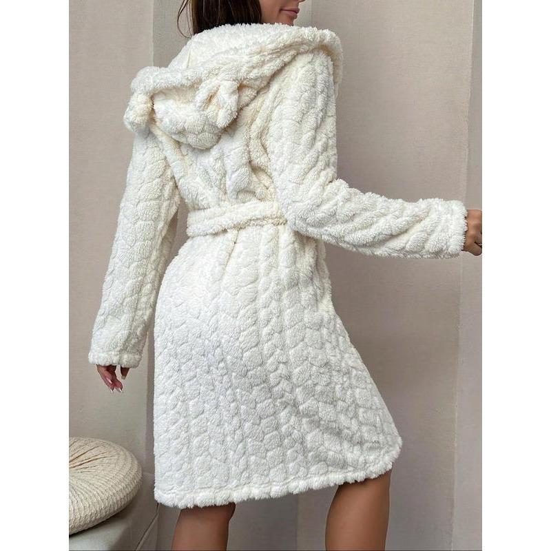 Women's Solid Color Pocket Belted Hooded Fuzzy Bathrobe, Casual Long Sleeve Warm Dressing Gown, Ladies Sleepwear for Fall & Winter 1