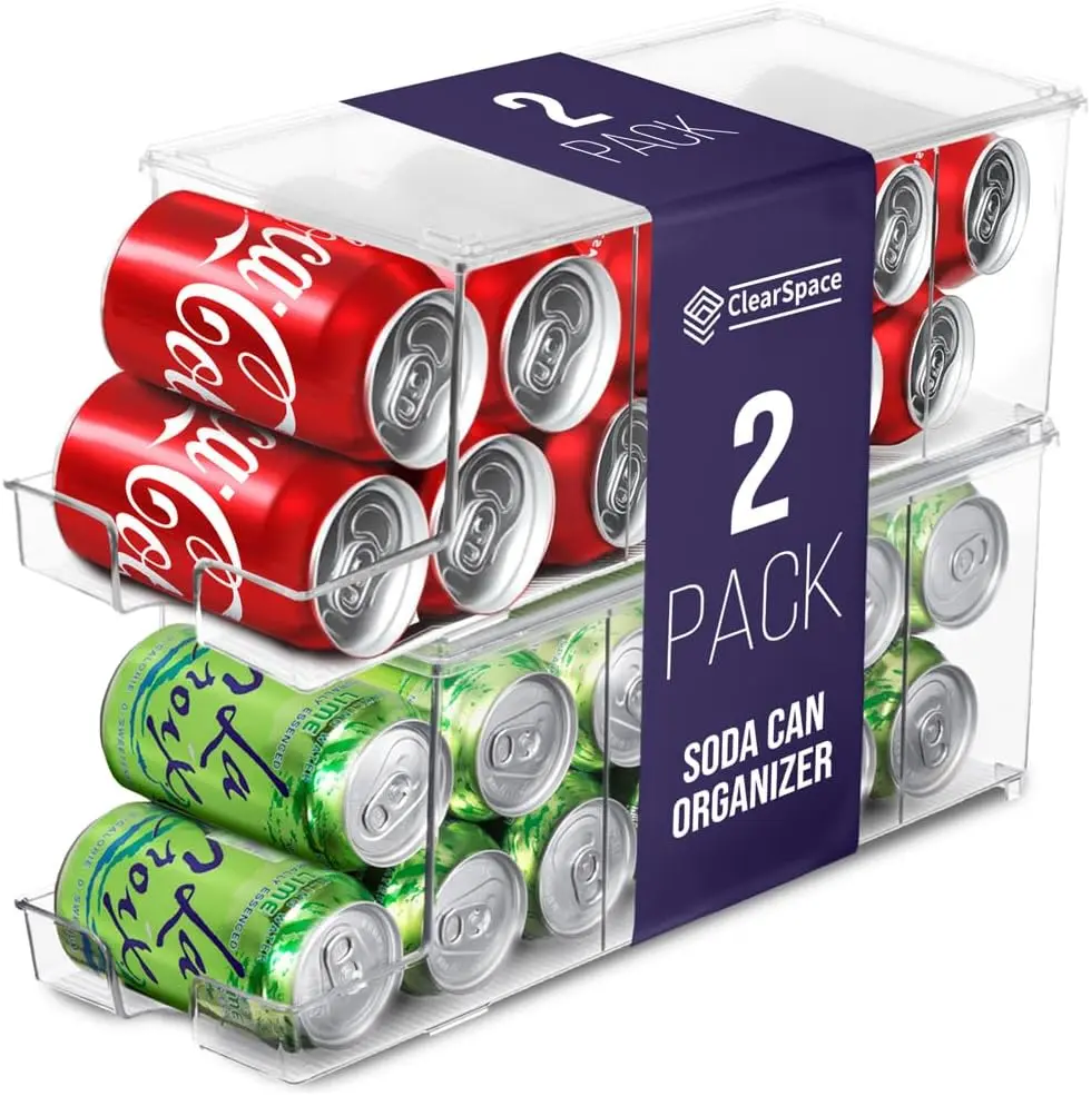 Drink Organizer for Fridge & Soda Can Dispenser - Fridge Organization & Can Organizer for Refrigerator Stackable Can Holder Dispenser with Lid - Holds 12 Cans Each, BPA Free - Set of 2 Racks