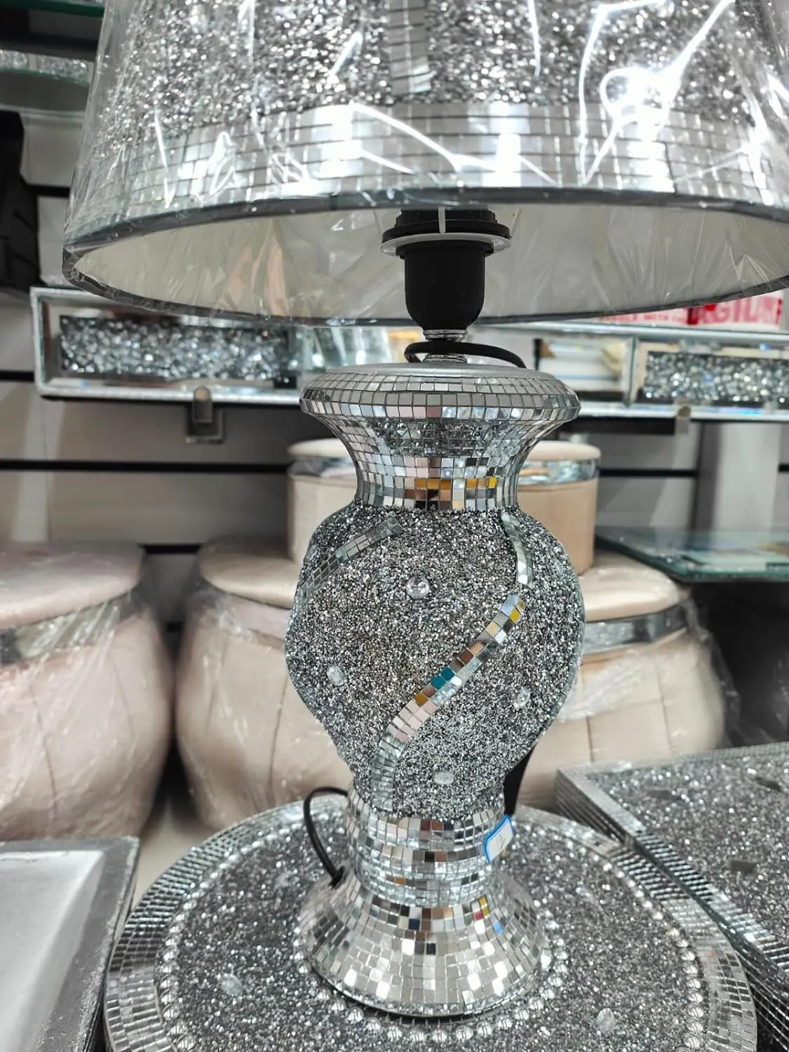 Zidan bargains Silver Glitter Crushed Diamond Table Lamp with Shade Ornament Diamante Home Spiral Line