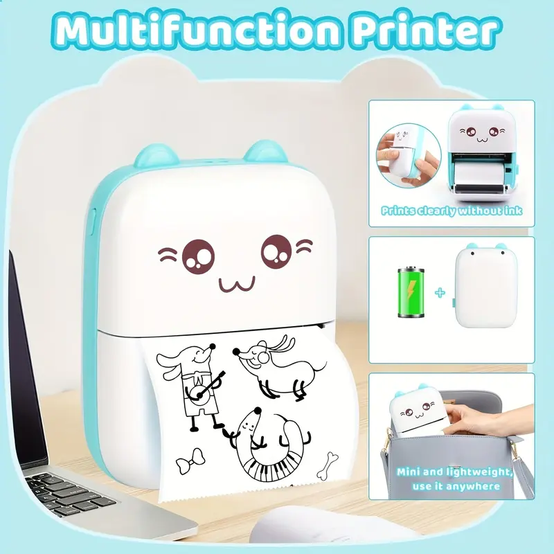 Portable Mini Thermal Printer - USB-Powered, 5 Rolls Self-adhesive Printing Paper,Cute Animal Design for Photos & Labels, Ideal for Travel, School, Office - Perfect Gift for Birthdays, Anniversaries 8