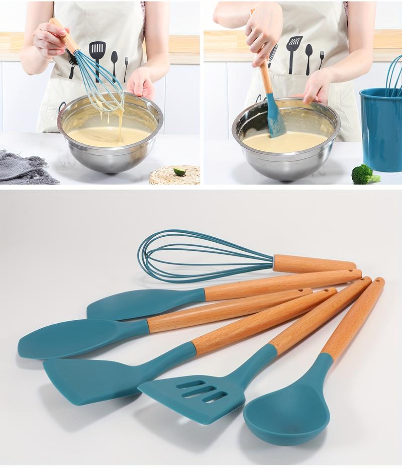 Product Introduction of 12pcs/set, Silicone Cooking Utensils Set With Wooden Handle, Colorful Non-stick Pot Special Cooking Tools Set, Heat Resistant Turner, Tongs, Spatula, Spoon, Oil Brush And Whisk, Kitchen Supplies, Kitchen Supplies, Apartment Essentisls, Halloween Gift 8