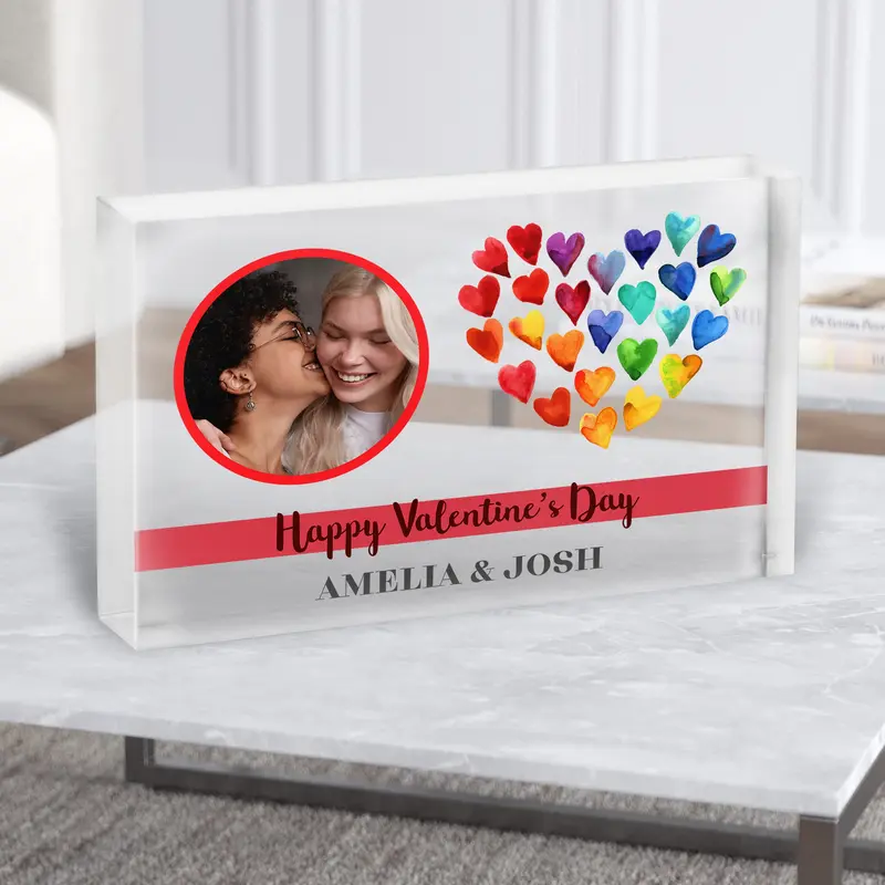 Rainbow Heart Photo Gay Lgbtq+ Valentine's Gift Personalised Clear Acrylic Block - Personalised Gift, Keepsake Gift, Custom Gift 0