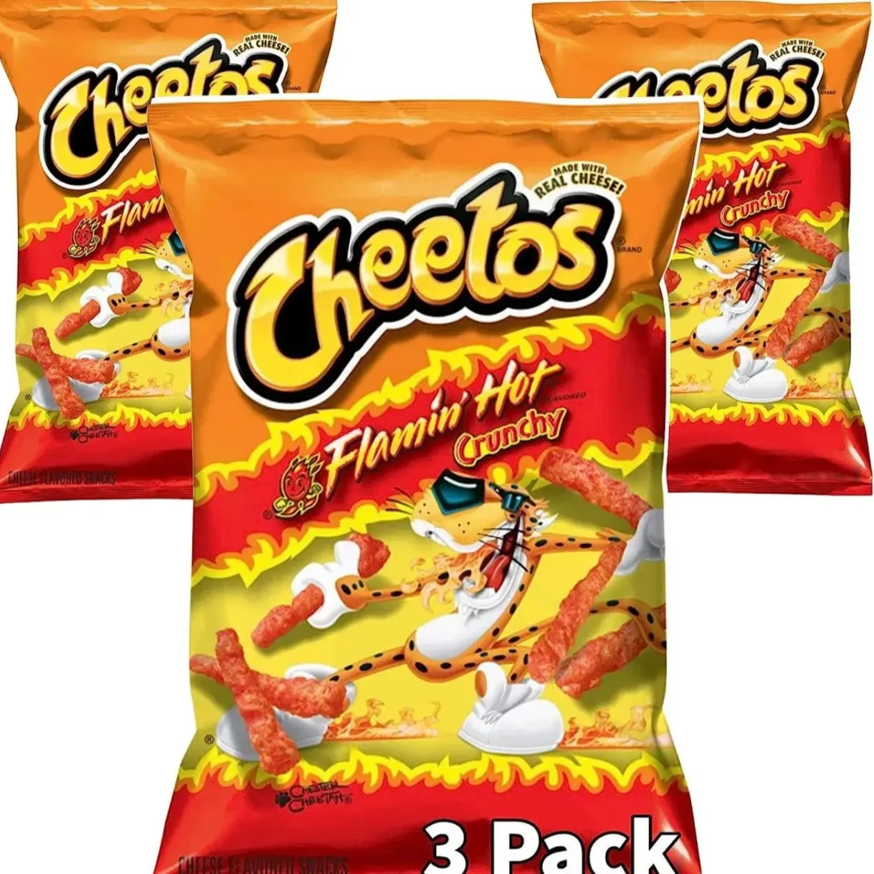 Cheetos Flamin Hot Crunchy American Crisps Snacks 226.3 G (8oz) X 3 Large Packs