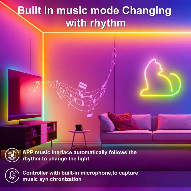 5V LED Strip Lights Bluetooth RGBIC Neon Strip Remote Control With Music Sync DIY Bedroom Home Decoration Changing Ambient Light 3