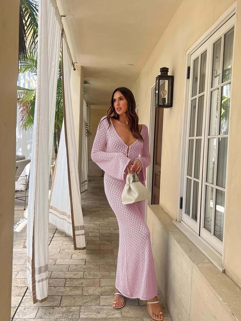 Product Introduction of Women White Long Knit Sleeve Bikin Fashion Cover up Female See-Through Deep V-Neck Hollow-Out Beach Knitwear Backless Dress 0