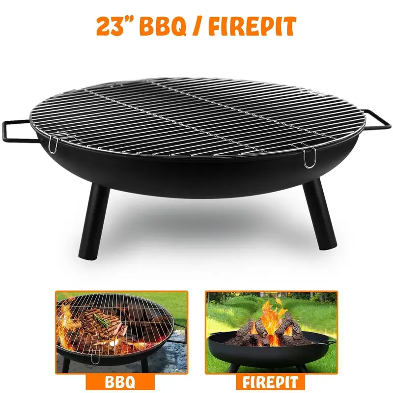 23" Large Round Steel Fire Pit Garden Patio Camping Heater Burner Bowl BBQ Gril Outdoor Fire Pit, Garden Patio Heater Charcoal Log wood Burner for BBQ Camping Picnic Patio Steel Fire Bowl Grill 3