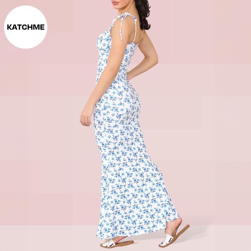 KatchMe Fresh Womenswear Adjustable Strap Floral Print Tie-Up Slinky Maxi Dress,Summer Mermaid Tail Dresses for Women,Birthday Outfits,Womenswear 4