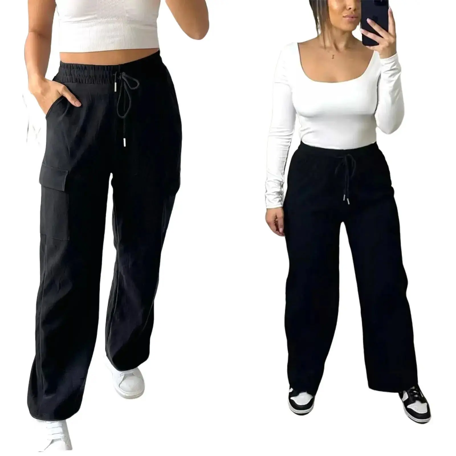 Women Wide Leg Cargo Trousers Ladies Combat Utility Palazzo Bottoms Pant Joggers Basic Casual Comfort Fit Womenswear Elegant High Waist Polyester Slip Style Top Minimalist