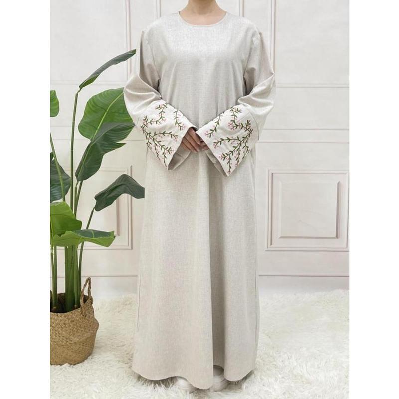 【2025】Arabic Clothing-floral Embroidery Long Sleeve Belted Tunic Dress, Elegant Long Dress for Women, Women's Islamic Clothing for All Seasons, Abaya for Daily Wear 3