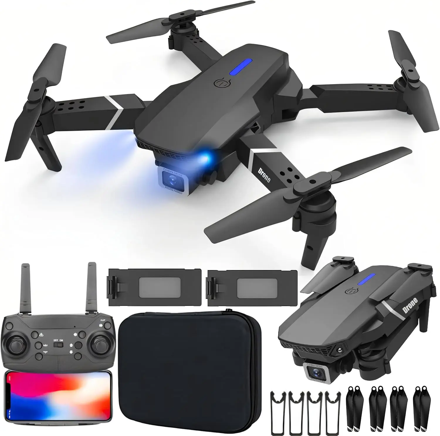 E88, 4k Camera Drone, Foldable WiFi FPV 4K Dual Camera RC Quadcopter Altitude Hold, Headless Mode, 6 Channel 2.4GHz, 360° Rotation Stunt, With Storage Bag and 2 Batteries For Kids & Adult Remote Control Remote Folding