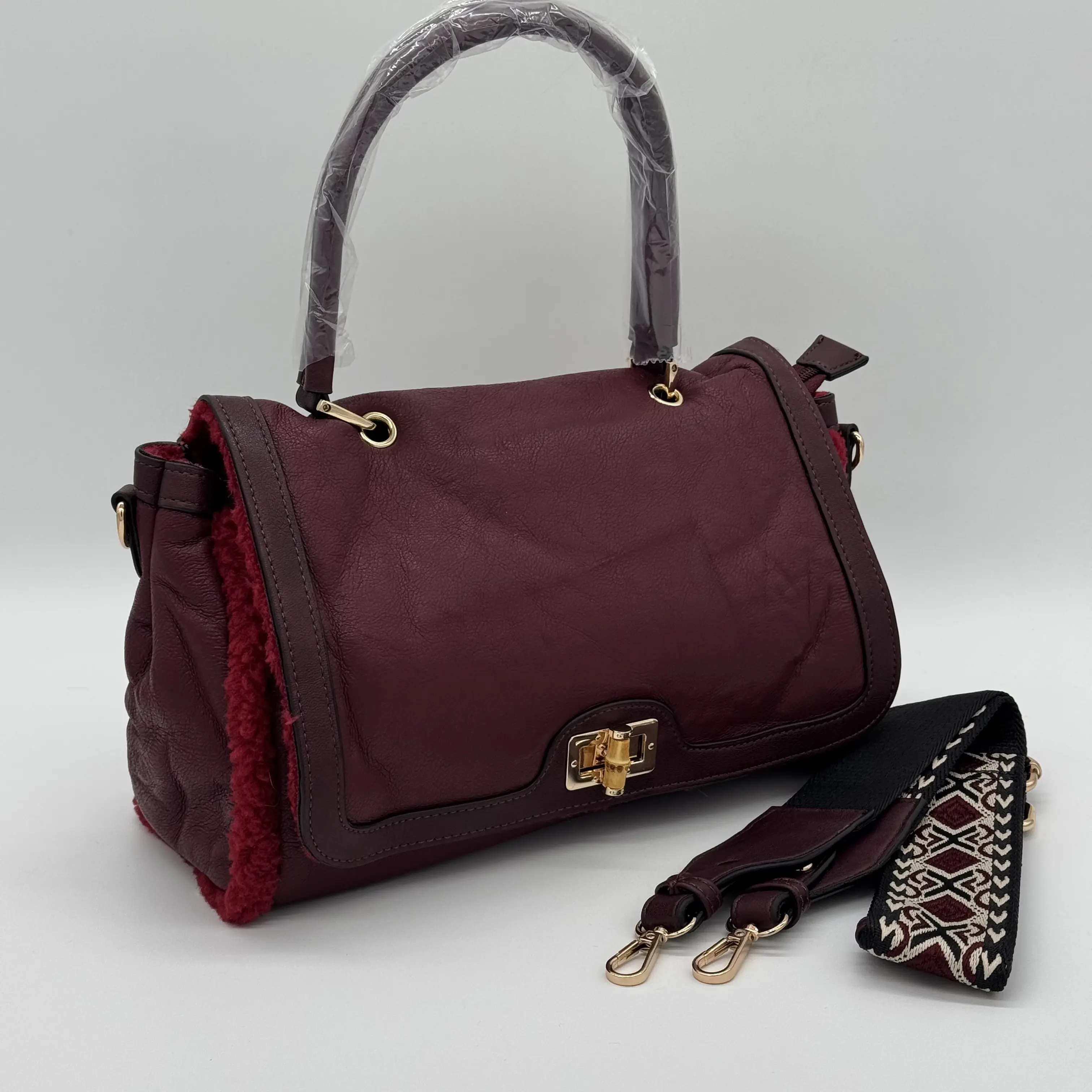 Soft Faux Leather Crossbody Grab Bag Borg Fur Detail