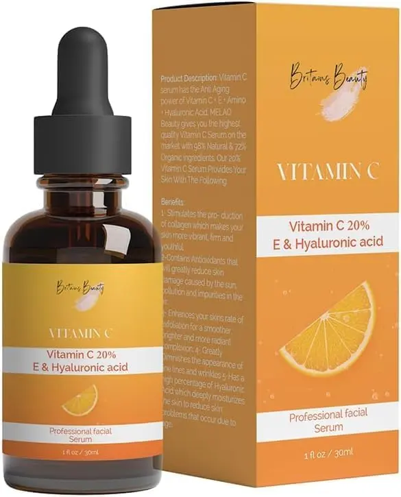 Britain's Beauty Vitamin C Serum 20% with Vitamin E & Hyaluronic Acid - Anti-Aging, Brightening & Hydrating Facial Serum