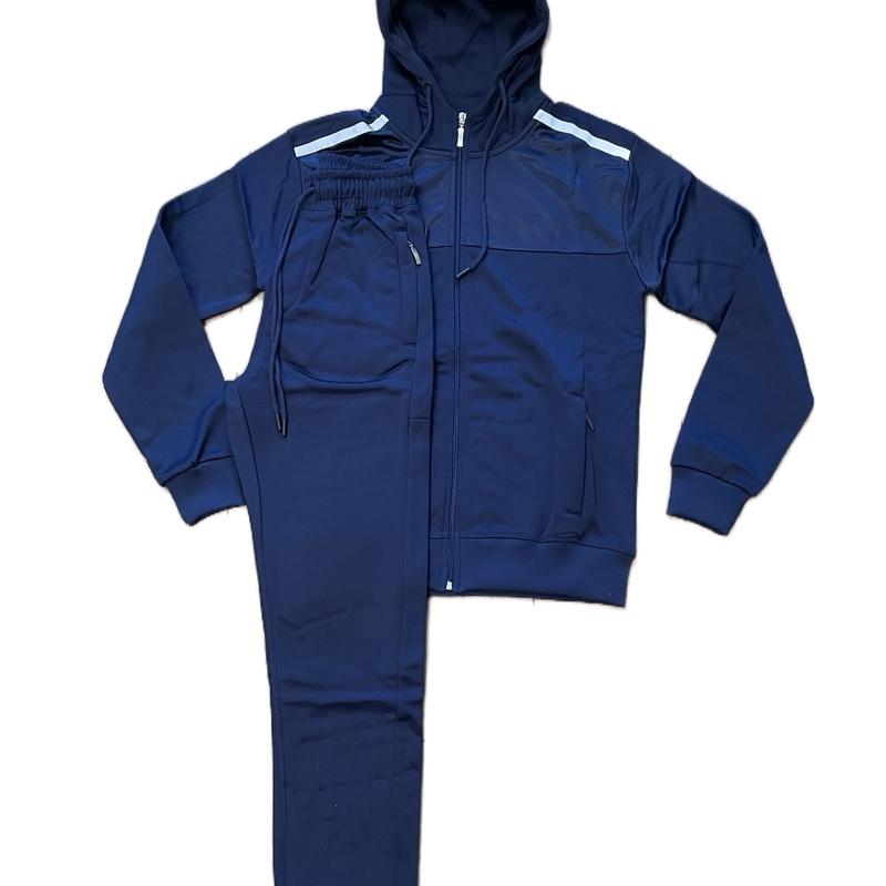 Men’s Poly Tracksuit Navy Zipped Casual Top Bottoms  Reflective Stylish Gym 1