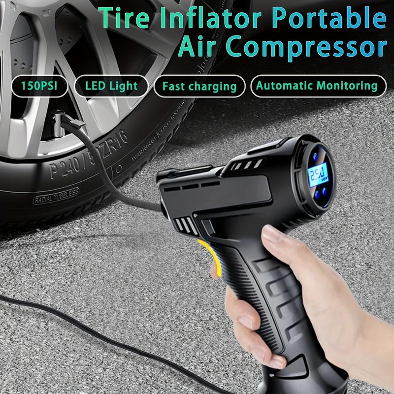 Portable Car Tyre Inflator, Air Compressor, Digital Handheld Electric Pump, LED Light, 3 Nozzle Adaptors, for Car, Motorcycle, Bicycle, Inflatables, DC 12V 3