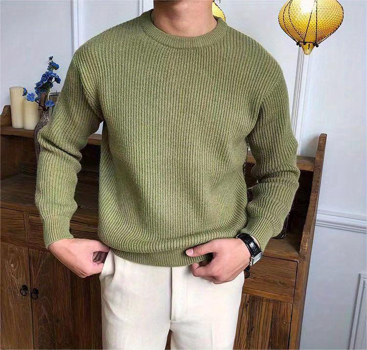 Product Introduction of Warm Texture Knitted Sweater, Men's Casual Solid Color Slightly Stretch Round Neck Pullover Sweater For Fall Winter 3