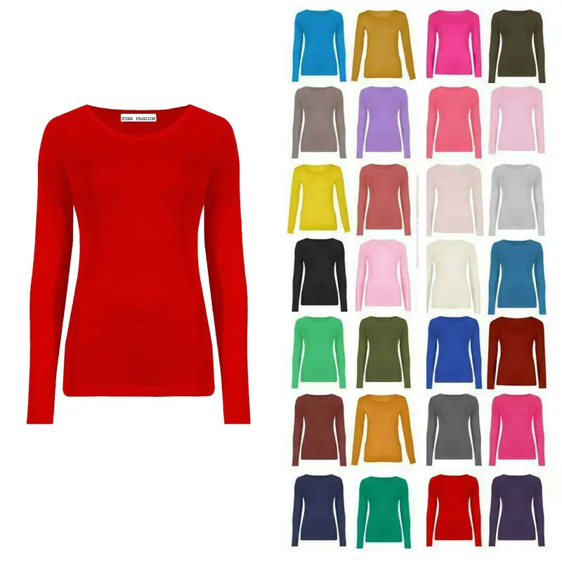 Womens Long Sleeve Round Neck Plain Basic Ladies Stretch T-Shirt Top UK 8-26 Fit Womenswear Lady Viscose Soft Stretchy Party Comfortable Jeans Skirts 0