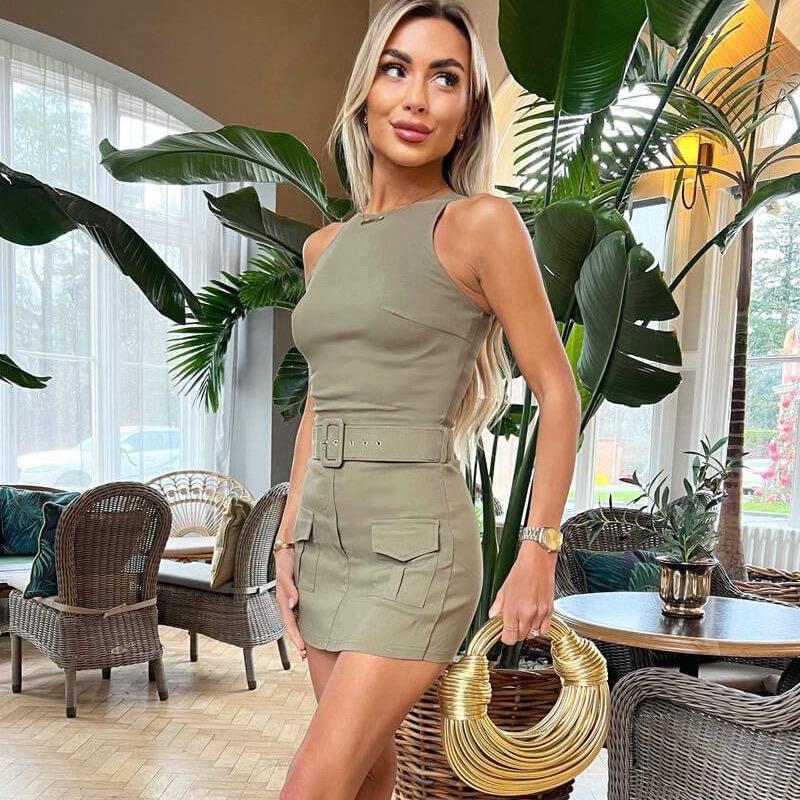 Womens Belted Dress  Playsuit Ladies Combat Cargo Pocket Sleeveless Scoop Neck Short Mini Bodycon Party Dress Comfortable Elegant Womenswear v neck plain 0