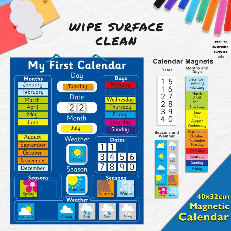 Interactive Children's Magnetic Learning Calendar - Blue- Fun Educational Tool for Time, Seasons, and Weather Awareness - 40x32 cm with Easy Hang Loop 1
