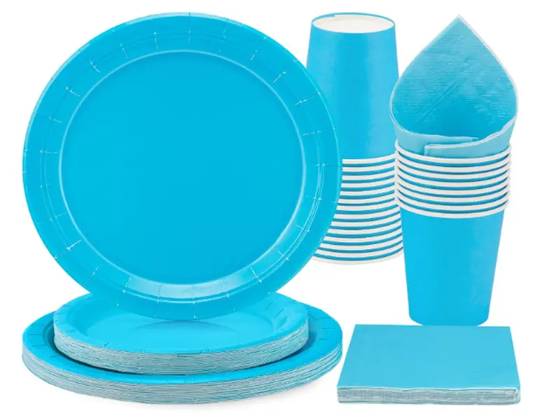 96 Pcs Blue Tableware Set, Paper Plates Cups and Napkins, Disposable Dinnerware Party Supplies for Graduation Holiday Wedding Birthday Party Baby Shower Decorations Serve 24 Guests 0