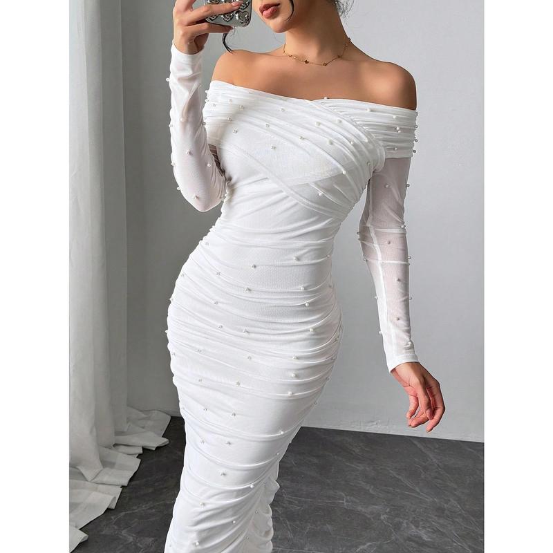 Firerie Women's Elegant White Open Shoulder Pearl Decor Ruched Slim Fit Maxi Dress, Graceful And Romantic For Party, Valentine's Day Fabric Formal 8