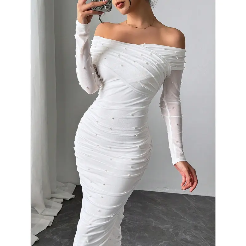 Firerie Women's Elegant White Open Shoulder Pearl Decor Ruched Slim Fit Maxi Dress, Graceful And Romantic For Party, Valentine's Day Fabric Formal 8
