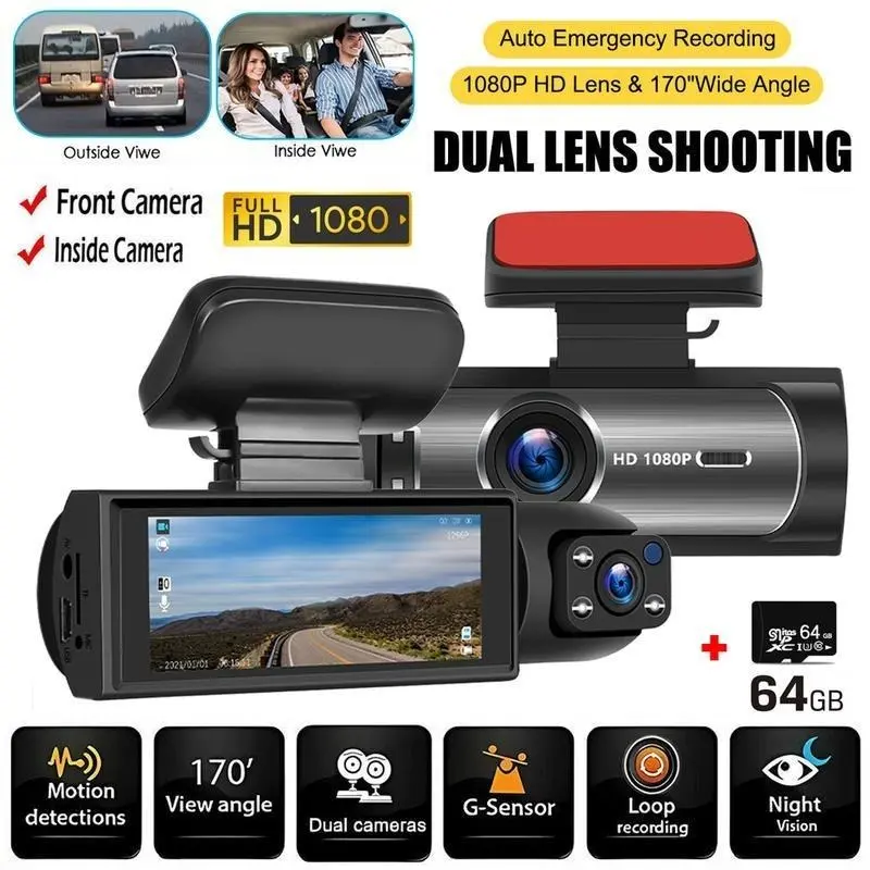 【2025】Dual Lens Car Dash Cam with 64GB SD Card, (1 Count) Night Vision Driving Recorder, Car DVR, 1080P HD Wide Angle Front and Inside Video Camera, 3.16 inch IPS Screen Car Dashcam with G Sensor, Loop Recording For Car Accessories, Car Stuff, Gifts