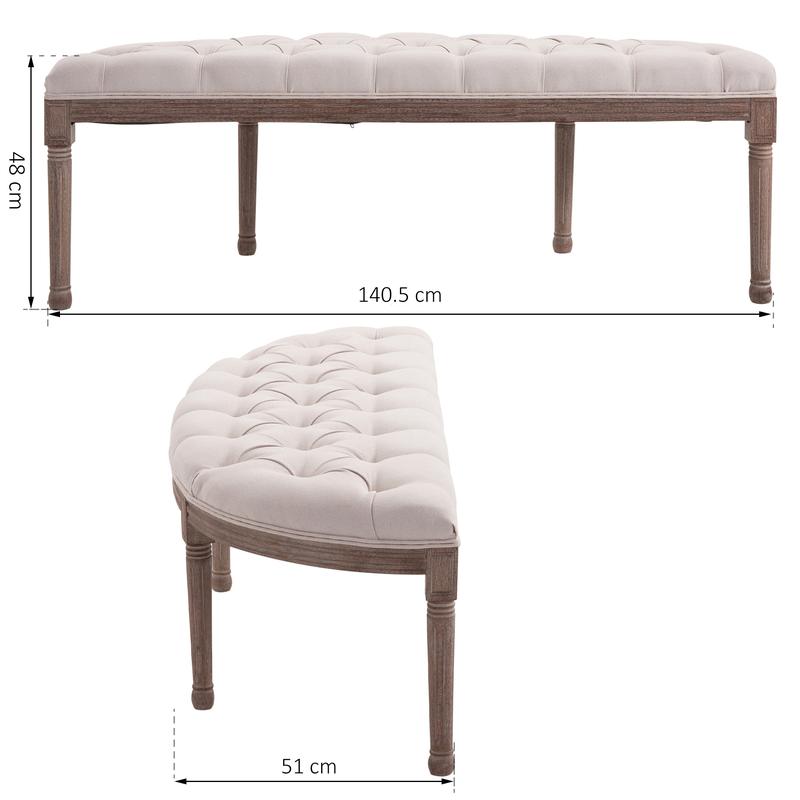 HOMCOM Half-Circle End Bench Ottoman Footstool Tufting Padded Seat Brushed Wood Base Antique Accents Home Seat Furniture Cream White 2